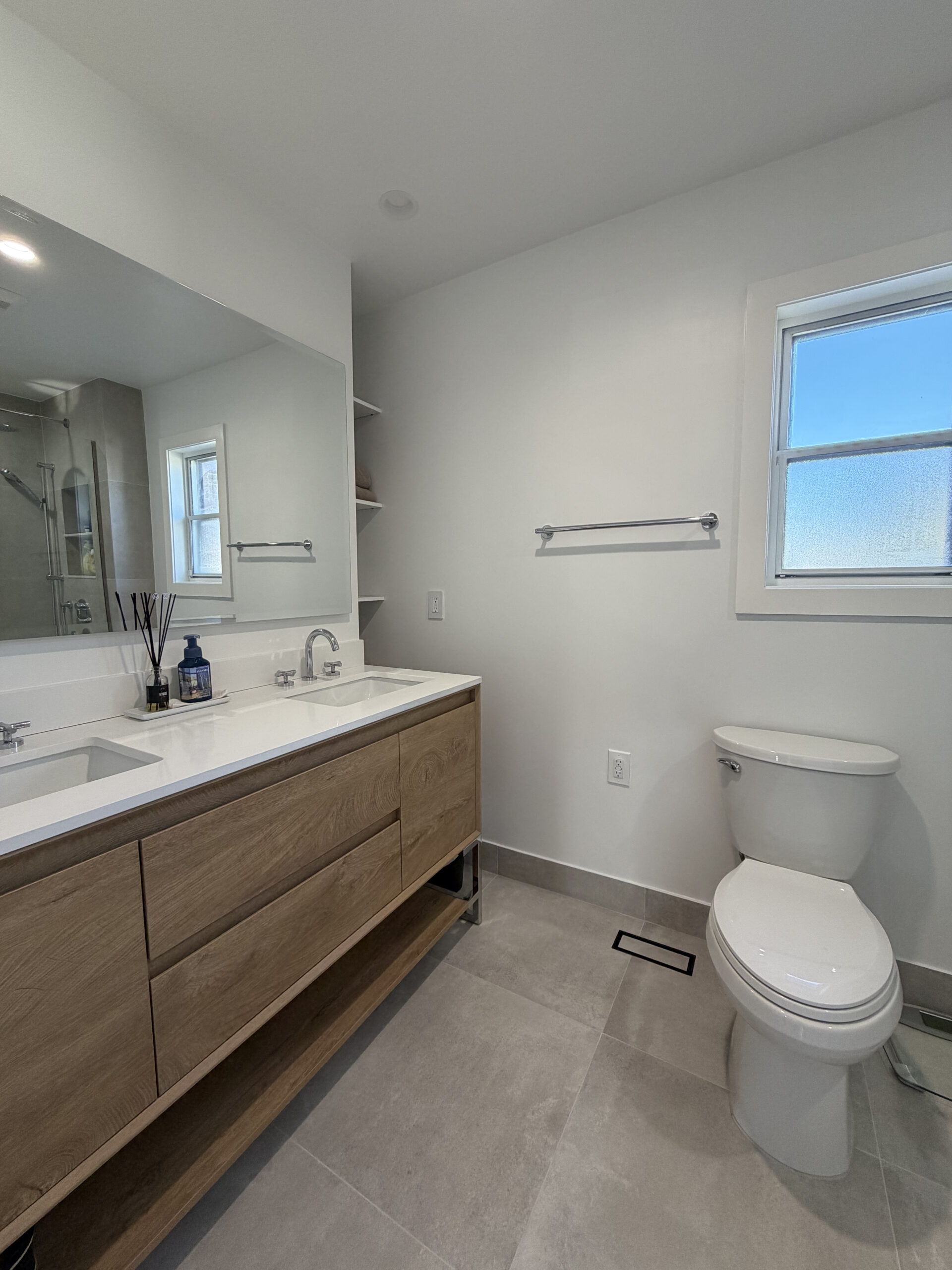 Etobicoke bathroom renovation wood vanity double sink