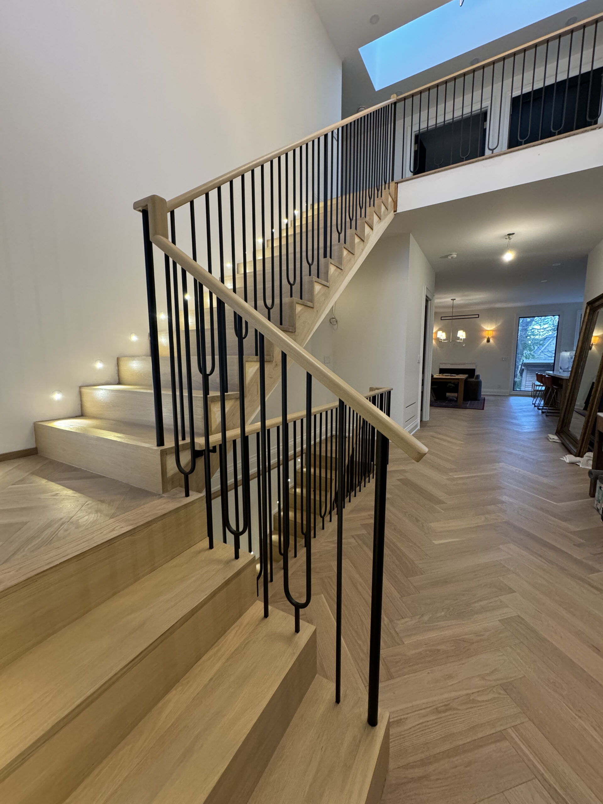 Staircase herringbone flooring led lighting