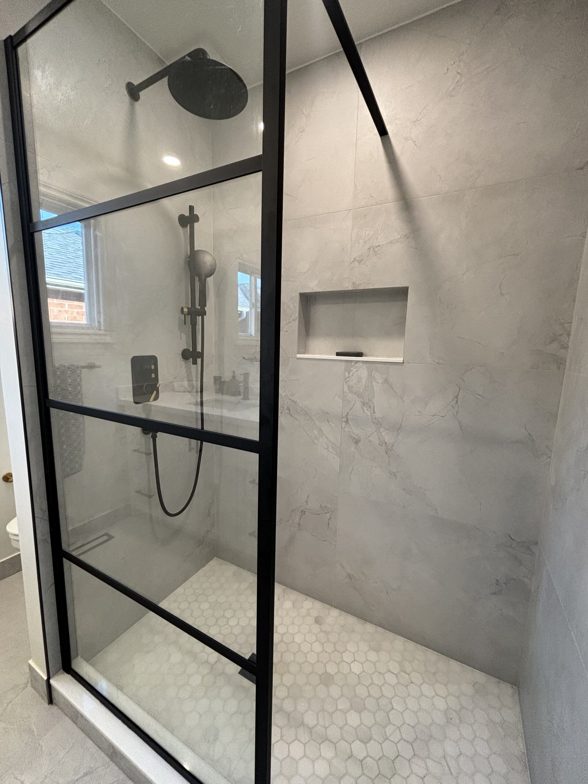 Oakville bathroom renovation black frame walkin shower